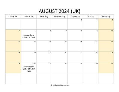 August 2024 Calendar With Holidays Uk Calendar - Refund Calendar 2024