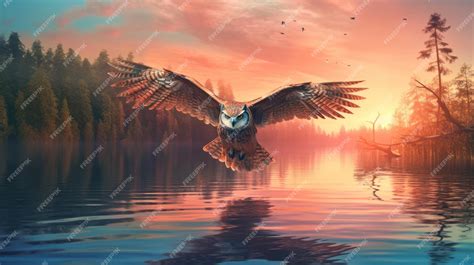 Premium AI Image | An owl flying over a lake with a sunset in the background