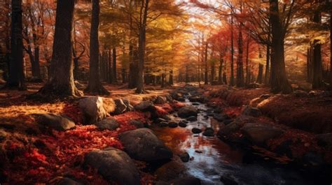 Premium Vector | Autumn in the forest with a stream and rocks