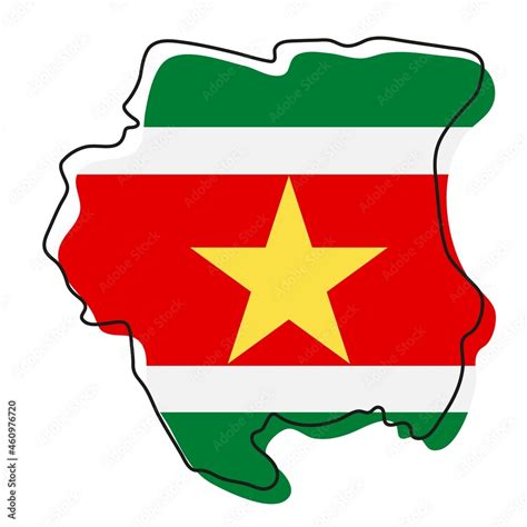 Stylized outline map of Suriname with national flag icon. Flag color ...