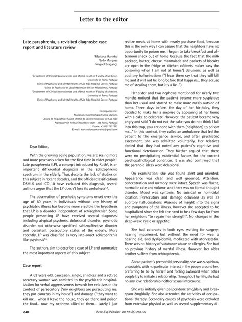 (PDF) Late paraphrenia, a revisited diagnosis: case report and literature review