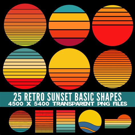 25 Retro Sunsets Basic Shapes Clip Art PNG Circle Rectangle Various Commercial License Print on ...