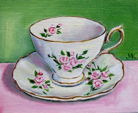 Vintage Tea Cup Roses Original Stillife Oil Painting -- Meltem Kilic | Tea cup drawing ...