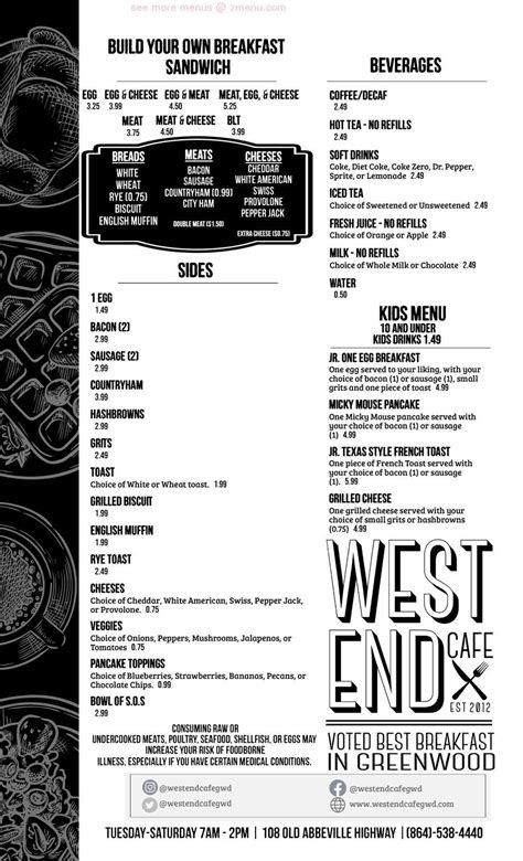 Menu at West End Cafe, Greenwood