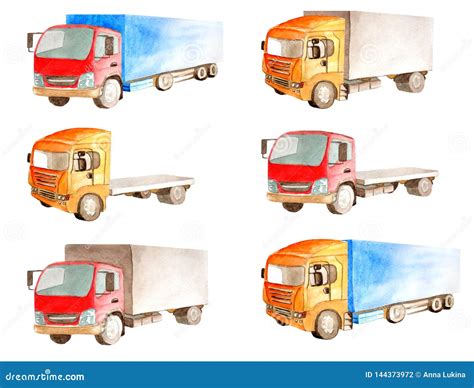 Cargo Transportation. Watercolor Set of a Collection of Trucks of Different Types, Colors and ...