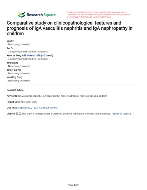 (PDF) Comparative study on clinicopathological features and prognosis of IgA vasculitis ...