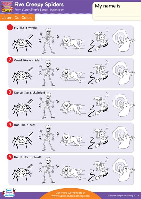 Five Creepy Spiders Worksheet - Listen, Do, & Color - Super Simple