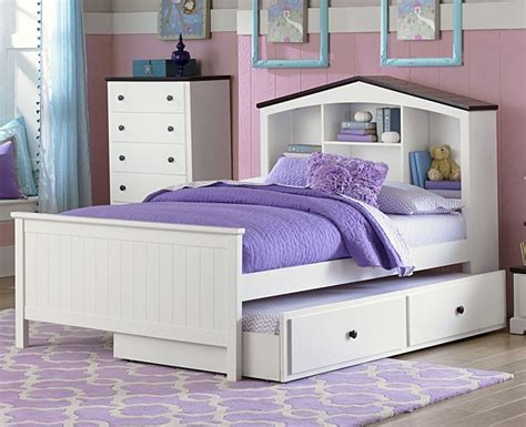 2018F-1 Lark White Wood Kid Full Platform Bed Bookcase Storage Trundle ...