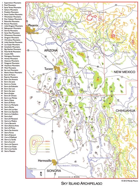 Elevation map of the Sky Island Region with 65 Sky Island mountains ...