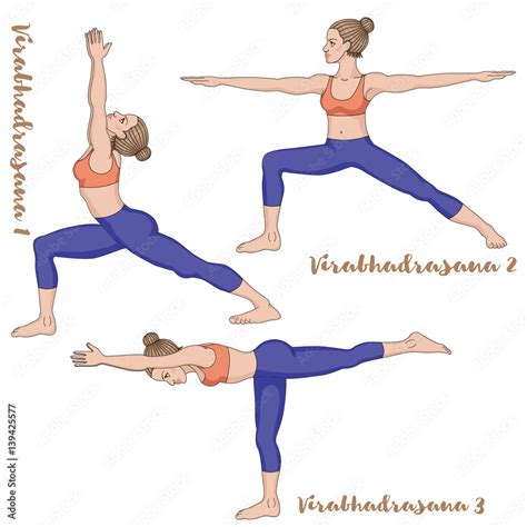 Women silhouette. Warrior 1, 2 ,3 yoga pose. Virabhadrasana 1, 2 ,3 Stock Vector | Adobe Stock