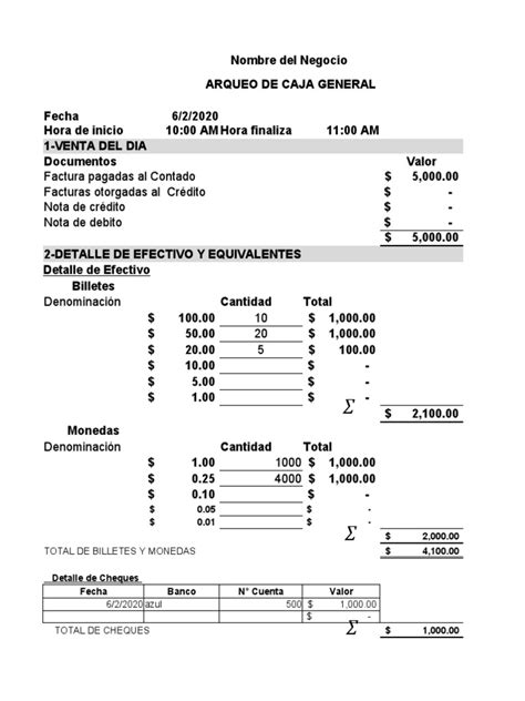 Formato De Arqueo De Caja