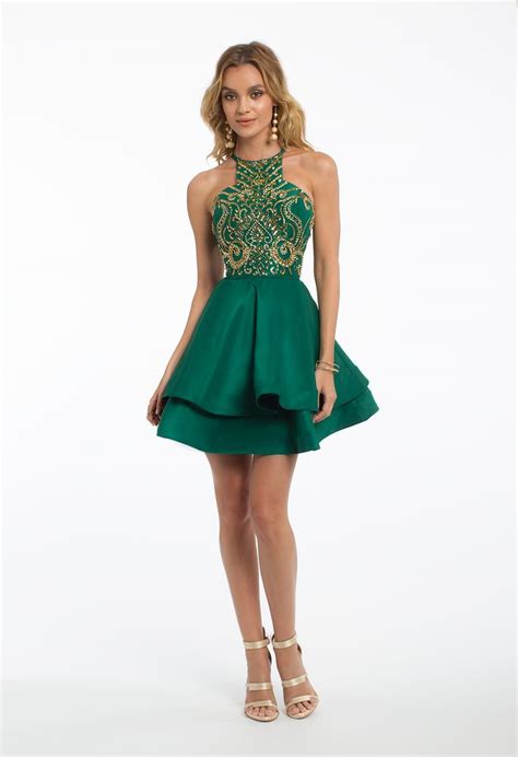 Make them green with envy when you show up in emerald! The gold detail on the beaded fitted ...