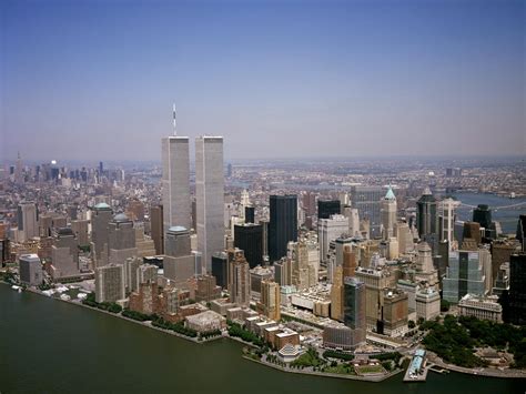 Aerial view of the World Trade Center Twin Towers, and lower Manhattan ...