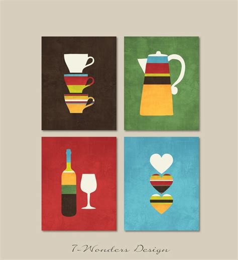 Buy Bold Kitchen Art With Cups, Coffee Pot, Wine Bottle, Hearts, Brown ...