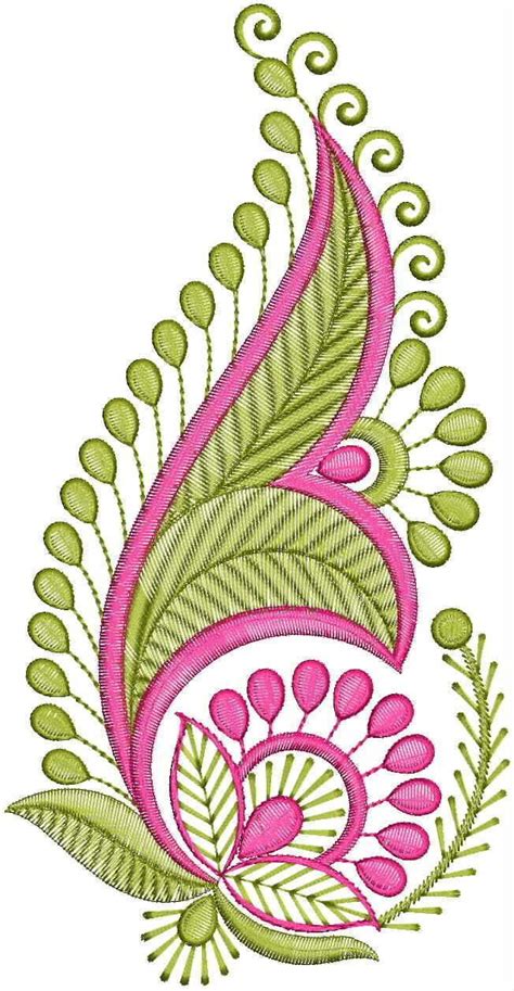 a pink and green embroidered design on white paper with leaves in the ...