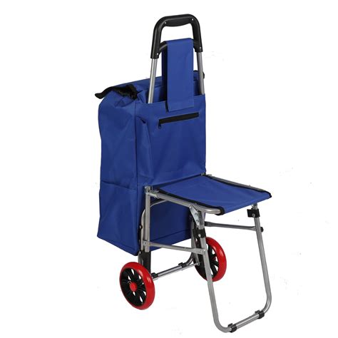 KARMAS PRODUCT Folding Shopping Cart with Seat Collapsible Dolly Grocery Carts Trolley with Blue ...