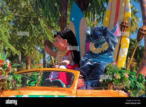 Lilo and Stitch Disney characters in car in parade, Disney MGM Studios, Disney World, Orlando ...