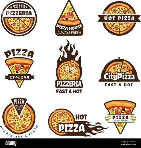 Pizza labels. Pizzeria logo design italian cuisine pie food ingredients ...