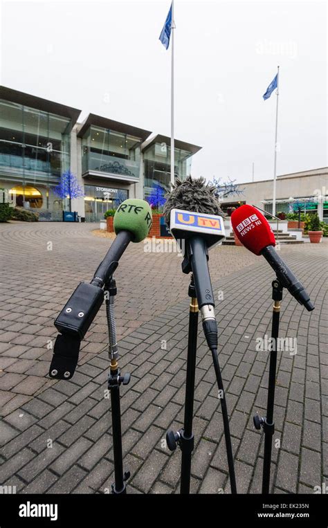 RTE, UTV and BBC microphones ready for a news press conference Stock ...