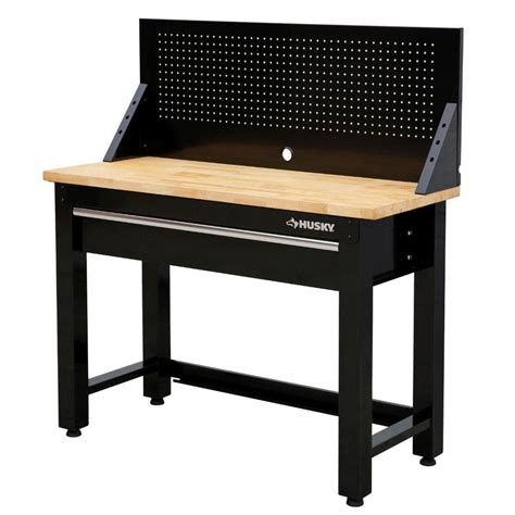 Husky 4 ft. Solid Wood Top Workbench in Black with Pegboard and 1 ...