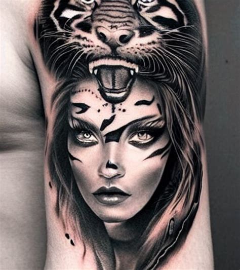 tattoo design of a beautiful girl warrior below a tiger head, hy ...