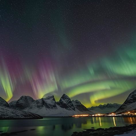 Premium AI Image | Green and purple aurora borealis over snowy ...