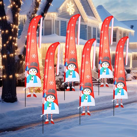 6 Pcs Outdoor Christmas Feather Flags 5 ft Snowman Feather Banners Christmas Yard Sign Garden ...