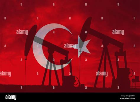 Turkey oil industry concept, industrial illustration. Turkey flag and oil wells, stock market ...