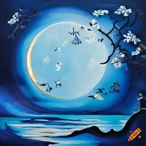 Crescent moon in blue chinoiserie painting on Craiyon
