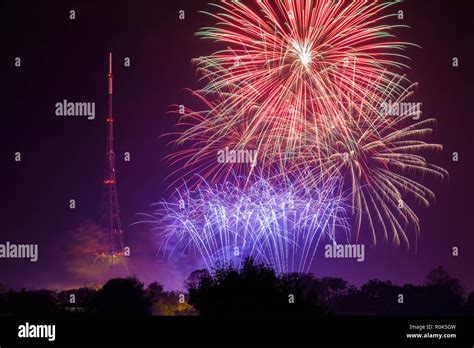 View of fireworks display, Crystal Palace park, and transmitting ...