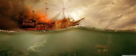 Download 4k Pirate Ship On Fire Wallpaper | Wallpapers.com