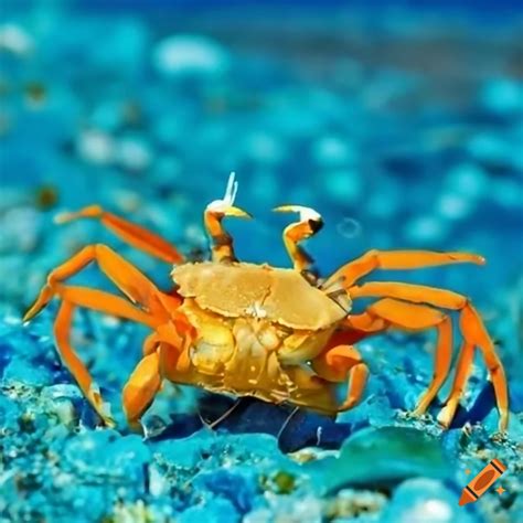 Close up photograph, small yellow crab on a blue beach on Craiyon