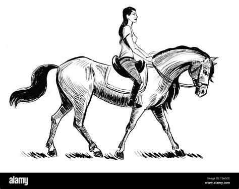 Pretty girl riding a horse. Ink black and white drawing Stock Photo - Alamy