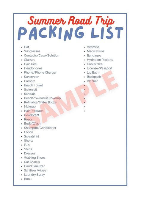 Summer Road Trip Packing List Printable - Etsy