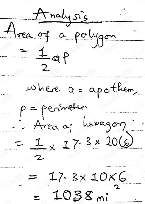 Solved: Find the area of a regular hexagon with an apothem 17.3 miles ...