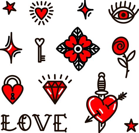 Valentines Day love symbols in old school style. Vector illustration ...