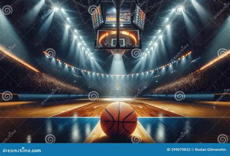 Basketball Arena with Wooden Floor, Lights Reflectors, and Tribune Over ...