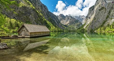 Germany, Lake Koenigssee, cottage, Wooden, trees, reflection, clouds, Bavaria, Berchtesgaden ...