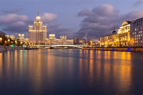 Premium Photo | Moskva river night view with historical buildings and cloudy sky