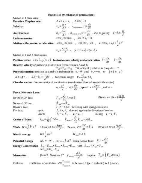 (PDF) Physics 313 (Mechanics) Formula sheet | Andrew Stuewe - Academia.edu