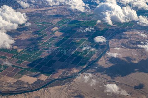 Aerial View of Colorado River and Farms between Arizona and California ...