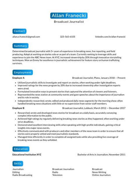 Broadcast Journalist Resume (CV) Example and Writing Guide