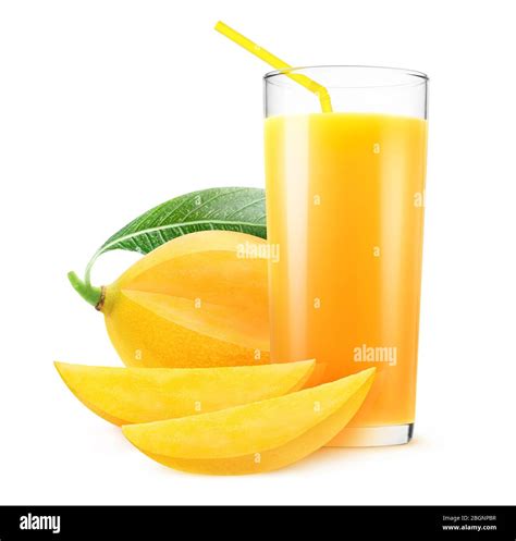 Isolated fruit juice. Cut yellow mango and glass of mango drink isolated on white background ...