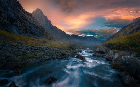 Mountain river, mountains, sunset, forest, Romsdalen, Isterdalen, Norway, HD wallpaper | Peakpx