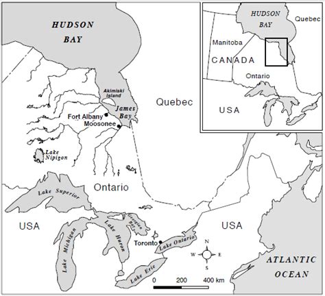 Map of study areas: Fort Albany (52°15′N, 81°35′W) and Toronto (43.7°N,... | Download Scientific ...