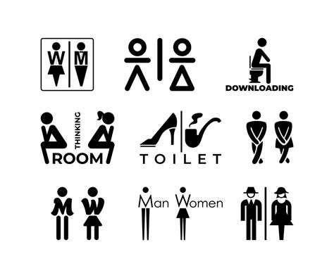 Set of funny wc sign Icon on the white background. Vector man woman icons. Funny toilet symbol ...