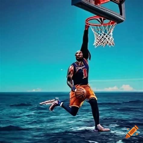 Lebron james dunking on a basketball court in the ocean