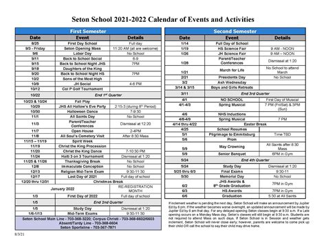 2021-2022 Seton School Calendar of Events and Activities | Seton School Manassas