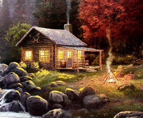 Cabin art, Mountain landscape painting, Cabins in the woods