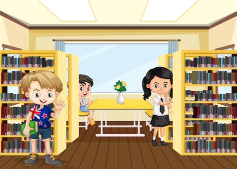 Premium Vector | School library scene with happy children